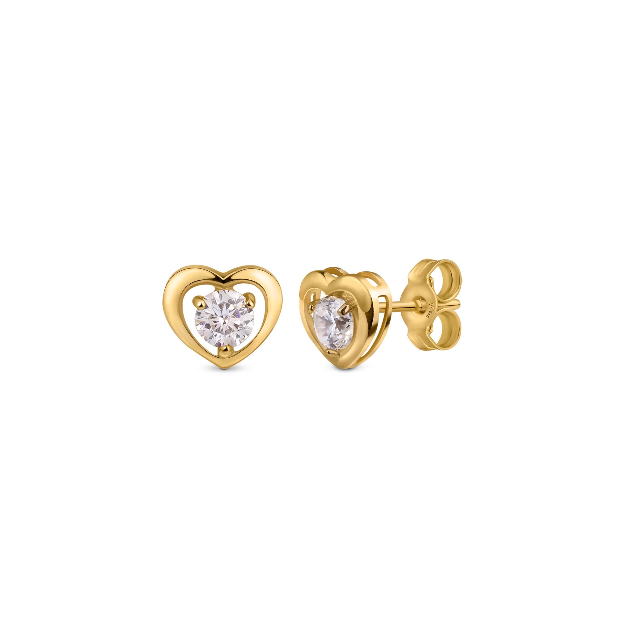 Amberta Allure Pendientes Pequeños para Mujer en Oro de 9 Quilates - Pendientes Corazón Oro