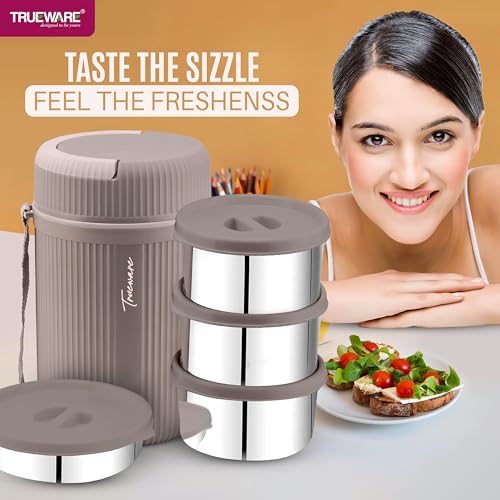 Image of Trueware GRUB 4 Double Wall Insulated Hot Lunch Box with 3 SS Container 300 ML Each & 1 SS Container 200ML | Bpa Free | Food Grade | Hot and Fresh Ma (LBI-GRB-004-Pink BAZ)