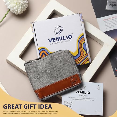 Image of VEMILIO Denim Chain Wallet for Men & Women- Rounded Design with 5 Card Slots | 2 Secret Compartments | 2 Cash Pockets | Zipper Coin Pocket (Grey)