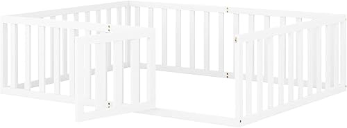 Miniatura 6 de Cama de suelo para niños de tamaño matrimonial con valla, cama de madera con puerta, barandillas en forma de valla, cama de valla para niños, fácil