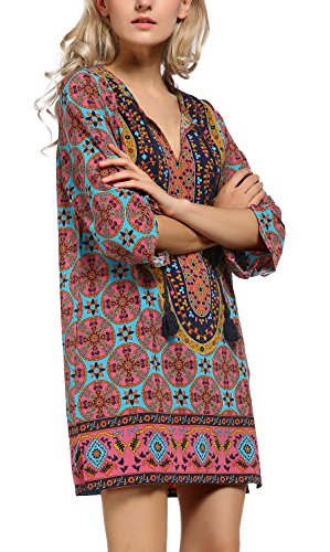 Image of Women Bohemian Neck Tie Vintage Printed Ethnic Style Summer Shift Dress