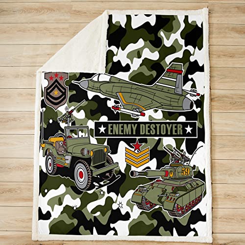 Camouflage Sherpa Blanket Camo Truck Tank Helicopter Teen Camo Green Fleece Throw Blanket Kids Boys Girls Army Vehicle Plush Blanket Transport Fuzzy Blanket for Sofa Bed,Double 60x79 Inch - Image 2
