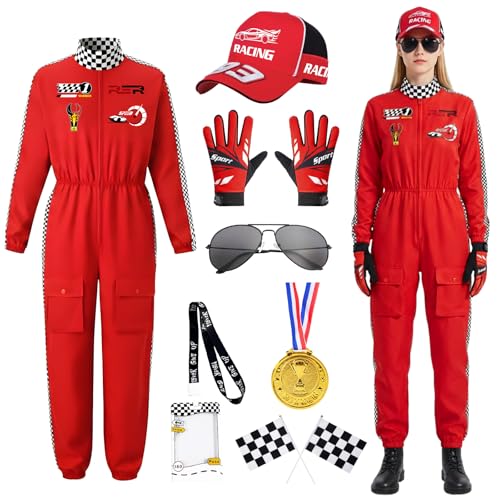 COYBTO Déguisement de Pilote de Course pour Femme, Combinaison Intégrale avec Gants, Casquette et Lunettes de Soleil, Déguisement de Course pour Adulte Carnaval Cosplay Fête Halloween (Rouge, L)