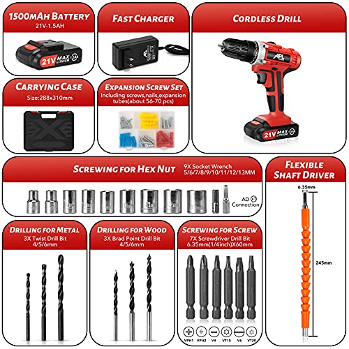 APLMAN Akku-Bohrmaschine, 21 V, mit Batterie, elektrische Bohrmaschine, 26 Stück, Zubehör, 3/8 Zoll Bohrer-Set, Ganzmetallfutter, 25 + 1 Drehmomenteinstellung, 2 variable Geschwindigkeiten und LEDs – Bild 7