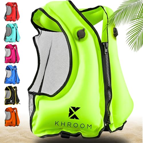 Khroom Gilet Gonflable Conforme aux Normes EU | 150-210 cm, jusqu'à 100 kg | Gilet de flottaison pour Adultes/Ados | Aide à la flottabilité pour plongée en apnée, Le Kayak et Le Sup (V2 Jaune)