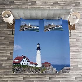 Ambesonne Landscape Bedspread, Marine Themed Photo with Lighthouse on Rocks and Wavy Sea Calm Sky Panorama, Decorative… 51Bju5+jKLL. SS280