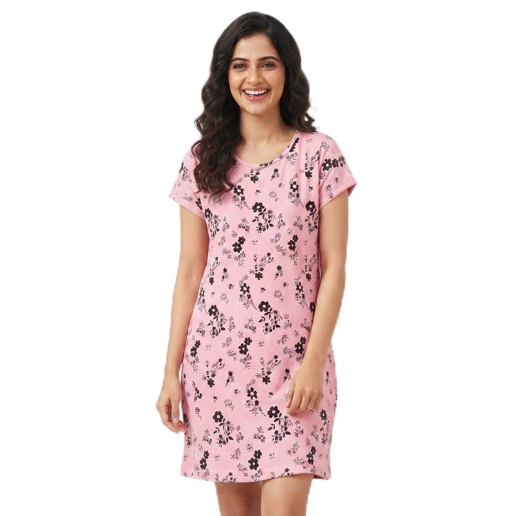 Women's Pink Floral Print Short Sleeve Night Dress-picture-10