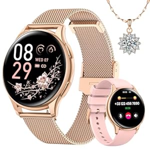 Smartwatch Damen mit Telefonfunktion, Rund 1,27″ HD Screen Armbanduhr mit 120+ Sport Pulsuhr SpO2 Schlafmonitor Menstruationszyklus IP68 Fitness Tracker Schrittzähler für iOS Android Roségold