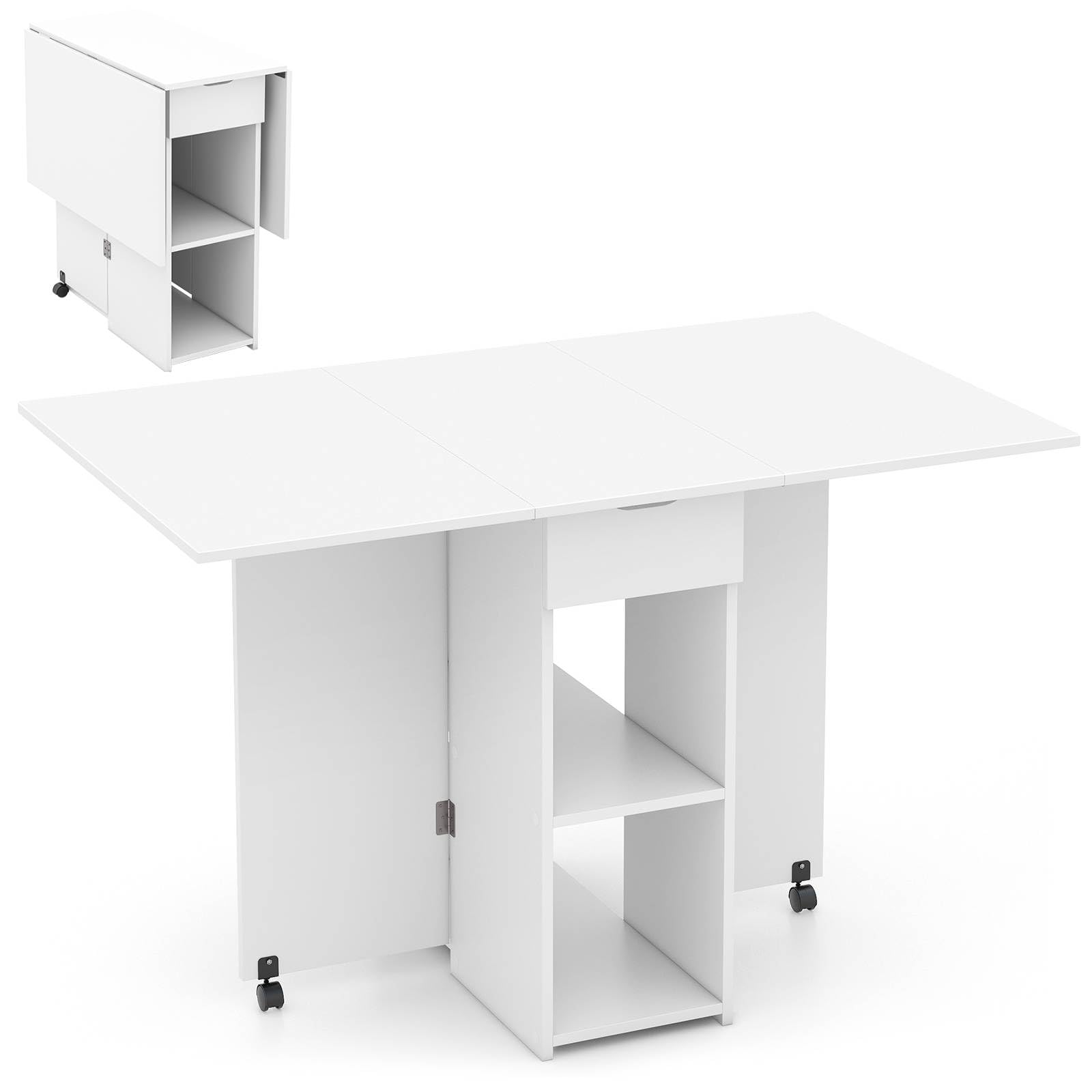 COSTWAY Mobile Folding Dining Table, Drop Leaf Table with 2 Wheels, 2-Layer Storage Rack & Drawer