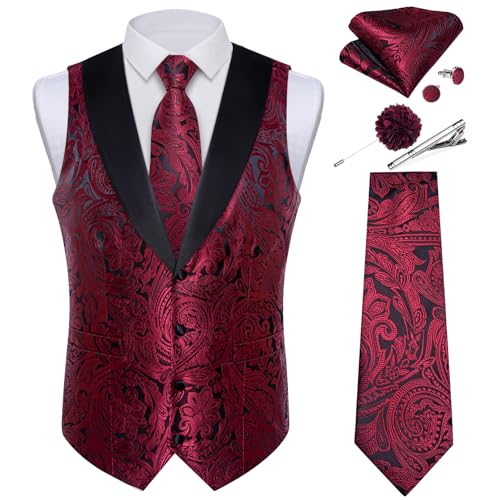 Image of DiBanGu Mens Paisley Suit Vest Silk Jacquard Waistcoat and Necktie Set Formal Shawl Collar Dress Vest 7PCS for Wedding Party