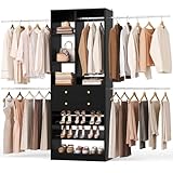 Besiost Closet System, 4.2–8.8 FT Closet Organizer with 2 Wooden Drawers and Shelves, Walk-in Closet System with 5 Hang Rods, Built-in Reach in Closet Tower, Can Fit 60 to 96 inch, Black