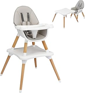 GYMAX Wooden Baby Highchair, Infant Feeding Seat with 4 Position Adjustable Tray, 5 Point Safety Harness and PU Cushion, 4 in 1 Convertible Baby Chair for 6 Months to 3 Years (Gray)
