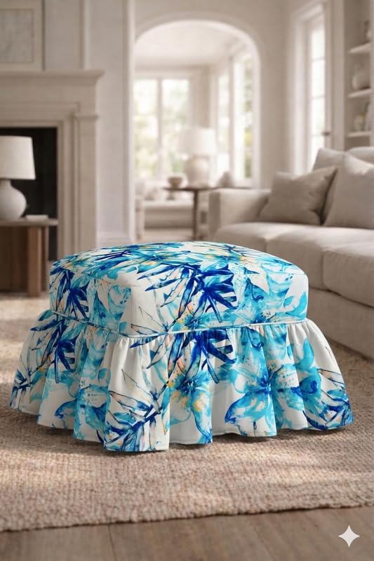 Skirted Pouffe Cover 16x24x18 Inch Blue Leaves, Tailored Pleated Slipcover with Frill, Rectangular Footstool Pouf Cover for Living Room Decor, Machine Washable, THROWPILLOW-image-17