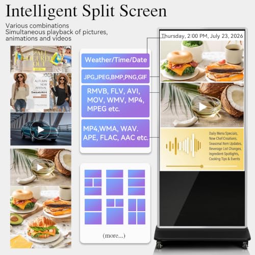 Image of 43 inch Digital Signage Display Kiosk Indoor Floor Standing Advertising | 4K Android 14 4 + 32 Storage, USB WiFi HDMI Bluetooth Input, Smart Split Screen, Free CMS, 700 Nits, Life over 50,000 hour