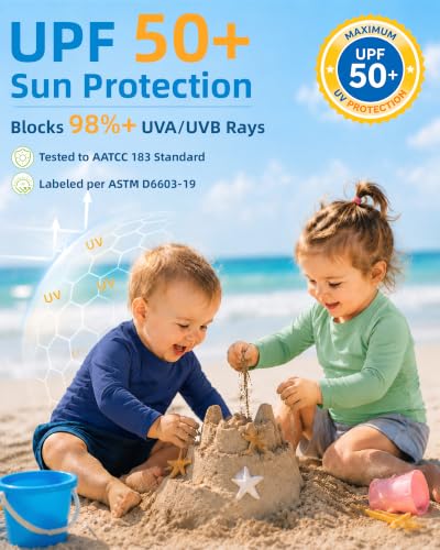 Image of 6M-5T 3-Pack Baby Toddler Rash Guard Swim Shirts UPF 50+ Boys Girls | Quick-dry 4-way stretch UV sun protection tops; moisture-wicking tagless comfort for beach, pool, splash pad and summer play