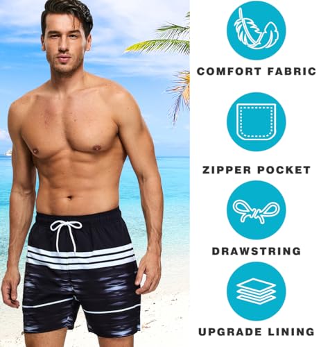 Image of Mens Swim Trunks Compression Liner No Mesh Swimming Trunks Men Swimwear Quick Dry Above Knee Zipper Pocket Swim Shorts