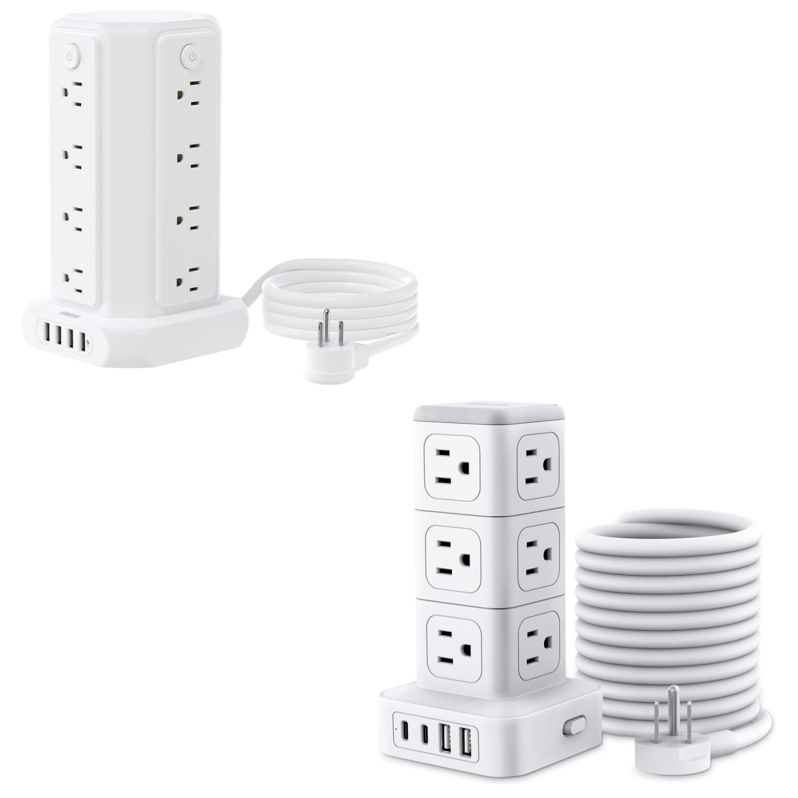 10 FT Extension Cord Power Strip Tower, 16 Widely Outlets 1875W 15A + Power Strip Tower with USB C Ports, 1080 Joules Surge Protector Tower, 1625W / 13A Overload Protection