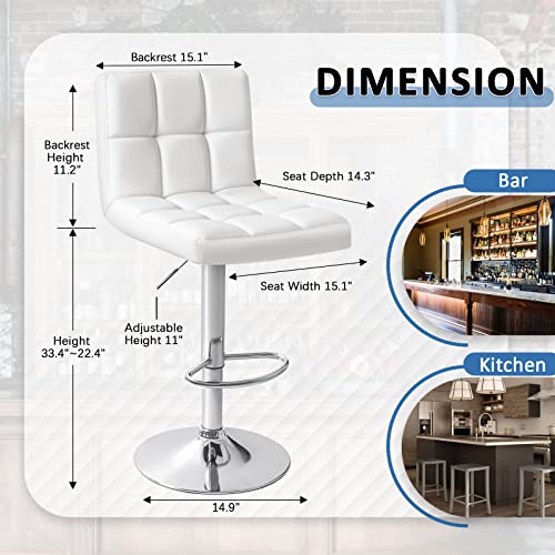 Image of Homall Bar Stools Modern PU Leather Adjustable Swivel Barstools, Armless Hydraulic Kitchen Counter Bar Stool Extra Height Square Island Barstool with Back Set of 4 (Leather, White 4 Pcs)