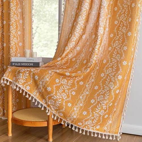Image of MYSKY HOME Boho Floral Curtains 102 Inch Long for Living Room Golden Yellow | Linen Light Filtering Bohemian Vintage Farmhouse Semi Sheer Drapes for Dining Room with Tassels Back Tab, 50 inch Wide, 2 Panels