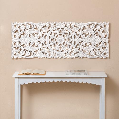 Image of JFY Designs Lisle Hand Carved Wood Medallion Wall Panels Bedroom Decor | Wall Mount Floral Sculpture Wall Art for Living Room, Bedroom Set, White Distressed Finish, Rectangular 18 x 48 inch