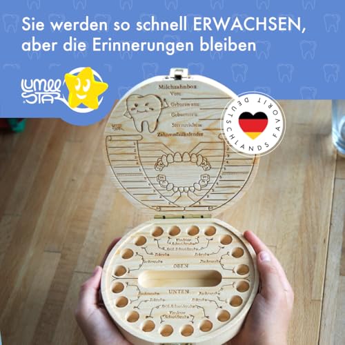 LumeeStar® Zahndose Milchzähne Friends – Personalisierte Milchzahndose mit Display Funktion für Jungen – Zahnbox Geschenk zur Geburt – Hübsche & Praktische Zahndose für Babys