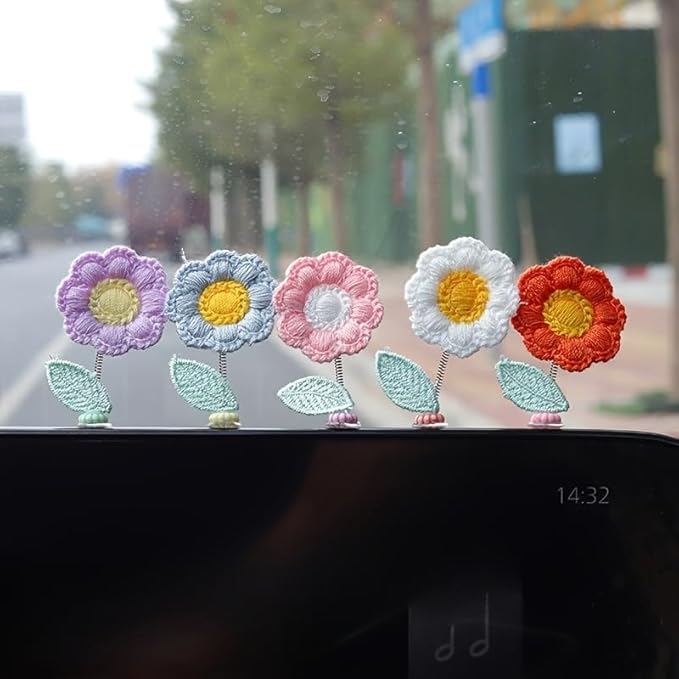5-Pack Crochet Flower Car Ornaments - Handmade Bobbing Flowers in Purple, Pink, White, Orange, Charming Dashboard & Rearview Mirror Decor, for Home or Office, 2.09 x 1.3 Inches