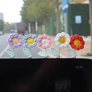 5-Pack Crochet Flower Car Ornaments - Handmade Bobbing Flowers in Purple, Pink, White, Orange, Charming Dashboard & Rearview Mirror Decor, for Home or Office, 2.09 x 1.3 Inches
