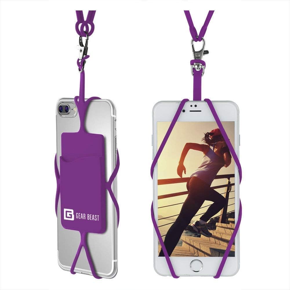 Gear Beast Unisex Purple Cell Phone Lanyard - Universal Neck Phone Holder W/Card Pocket And Silicone Neck Strap - Compatible With Most Smartphones,