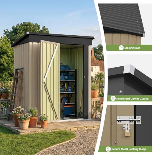 Image of Devoko 5 x 3 FT Storage Sheds with Floor Frame, Waterproof Garden Tool Shed with Lockable Door, Outdoor Metal Small Shed for Backyard Patio Lawn, Brown