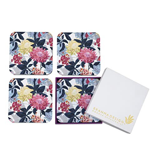 Image of Wooden Coaster Set with Gift Box | Mia Floral Design | Set of 4 Tabletop Square Coasters 3.75 inch x 3.75 inch | Kitchen Table Wooden Decorative Items | for Cups, Mugs, Cans, Glasses