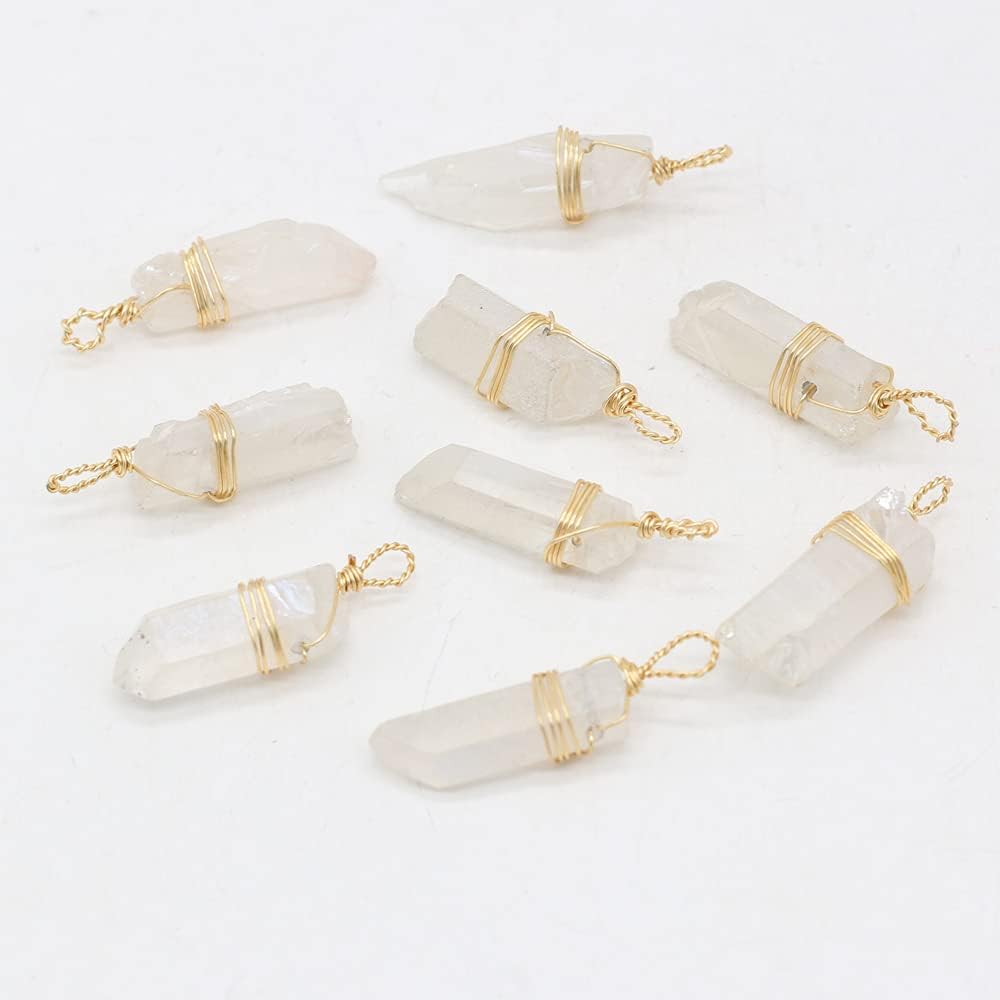 LHJ 7 Pcs Natural White Crystal Stone Pendants Original Raw Irregular Clear Quartz Copper Wire Wrapped Healing Stone Charms for Necklace Bracelet Jewelry Making Yoga Meditation - Image 9