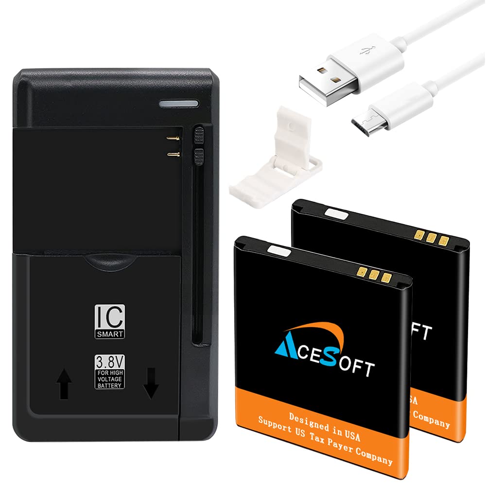 AceSoft Lasting Capacity Standard Lithium Mighty density 1630mAh Battery Universal USB/AC Desktop Charger Micro USB Data Sync Cable Folding Bracket Compatible with Kazuna eTalk KAZ-F019PP Verizon