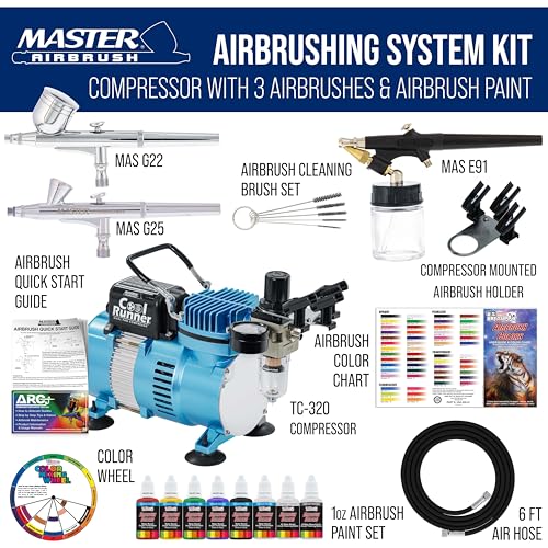 Master Airbrush Cool Runner II Air Brush Kit with Air Compressor Dual Fan, 3 Airbrushes, 6 Color Acrylic Paint Set, Hose, Brushes & Learning Guide Manual for Crafts, Auto, Tattoo & Model Painting