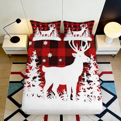 Drap Housse Imprimé 3D Cerf à Carreaux Microfibre Antidérapant Grande Profondeur Linge de Lit Cerf Mattress Fitted Cover Lavable Protection Chambre...