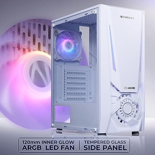 Image of ZEBRONICS AGOJIE Mid-Tower Premium Gaming Cabinet - ATX /M-ATX /M-ITX, 1 x 120 mm RGB Inner Glow Rear Fan, LED Strip with Control Switch, Tempered Glass Side Panel, USB 3.0, USB 2.0 (White)