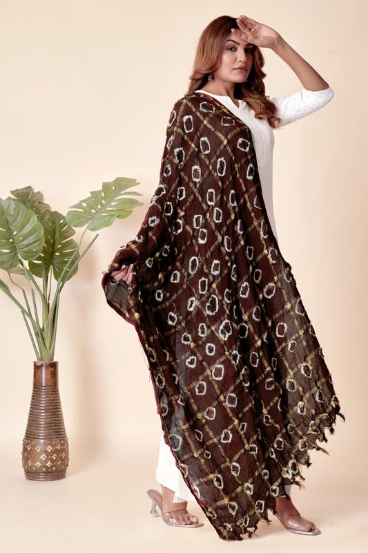 Image of Women Bandhani Dupatta | Traditional Chunri Print with Decorative Border | Lightweight Ethnic Stole for Festive and Wedding Wear