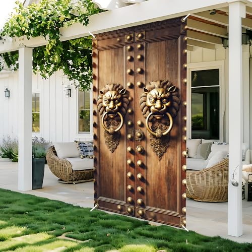 Image of Vintage Lion Head Door Cover 35x71in Rustic Knocker Decor