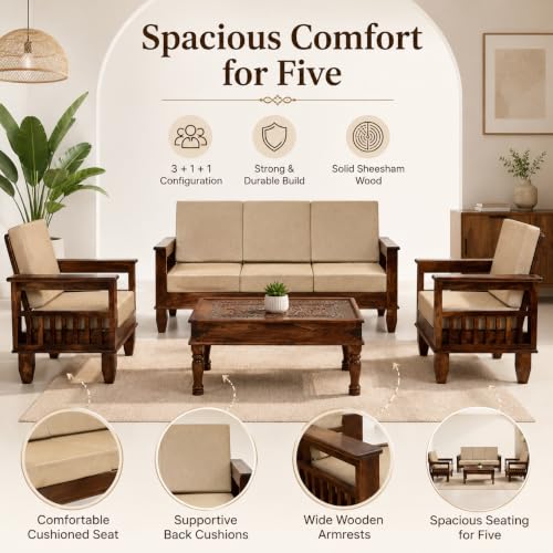 Image of Furniture Solid Sheesham 5 Seater Wooden Sofa for Living Room with Cushion|Solid Wood 5-Person Sofa Set /Couch 3+1+1 for Bedroom,Home,Office & Lounge| Walnut Brown Finish