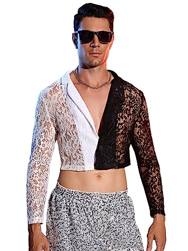 WDIRARA Men's Floral Lace Contrast Mesh Lapel Neck Long Sleeve Colorblock Blazer