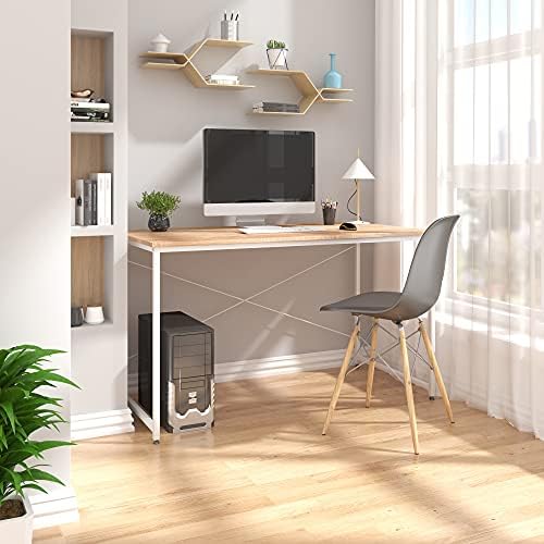 WOLTU Computer Desk Light Oak+White Office Desk Workstation Sleek Design Study Writing Desk Computer PC Laptop Table Workstation Dining Gaming Table for Home Office TSB08hei