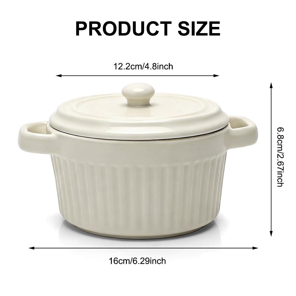 Mini cocotte con coperchio, pirofila in ceramica con manici e coperchio, stampini rotondi con coperchio per lasagne, soufflé, crème brûlée, dessert, per microonde e forno (Bianco, L-400ml-1pc)