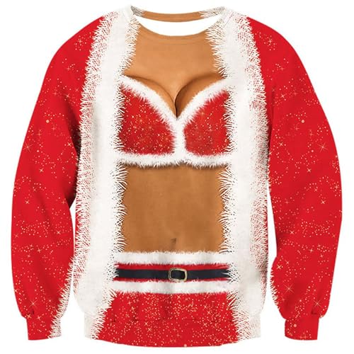 RAISEVERN Ugly Christmas Sweaters for Women Red Galaxy Fake Two-Pieces Bra Print Sweatshirts Funny Xmas Party Pullover Long Sleeve Shirts Cool Holiday Festival Sweater for Mens