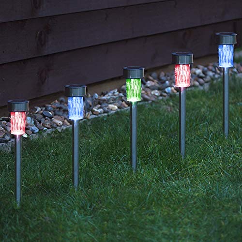 CUQOO 10 x Colour Changing Solar Garden Stake Lights- Waterproof - Rechargeable LED Solar Powered - Stainless Steel Outdoor Lamps for Pathway Lighting