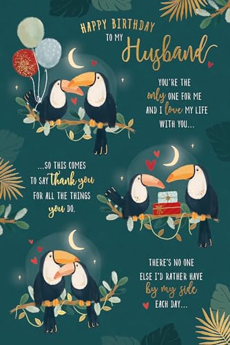 Cute Birthday Card To My Husband Toucans Design With Loving Words by Wishing Well Studios. 6 X 9 Inches