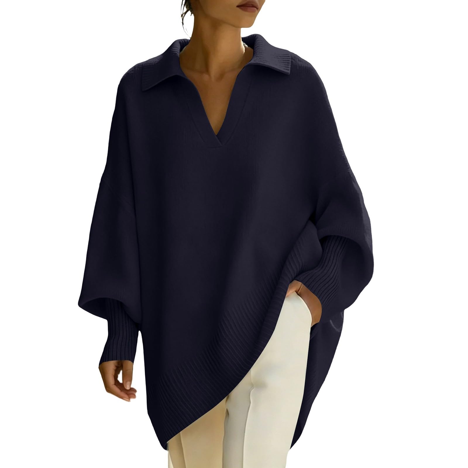 Generisch Haut élégant en polaire pour femme - Sweat à manches longues - Surdimensionné - Pull tendance - Grandes tailles - Col en V - Pull long décontracté pour vêtements de détente - Pull d'automne