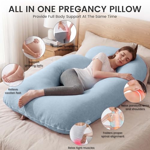 Image of Jcickt Pregnancy Pillow for Sleeping,59 inch Maternity Pillow with Removable Washable Cover,J-Shaped Cooling Full Body Pregnant Pillow -Support for Backs,Legs, Belly, HIPS, Improve Sleep-Sky Blue