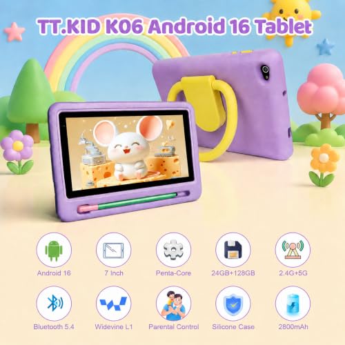 Image of Kids Tablet with Shockproof Case Stylus, Android 16 Tablet for Kids, 24GB RAM 128GB ROM 1TB TF Card Expand, Parental Control, Eye Protection, Dual Camera, 7 inch Tablet, WiFi 6 BT5.4, Purple