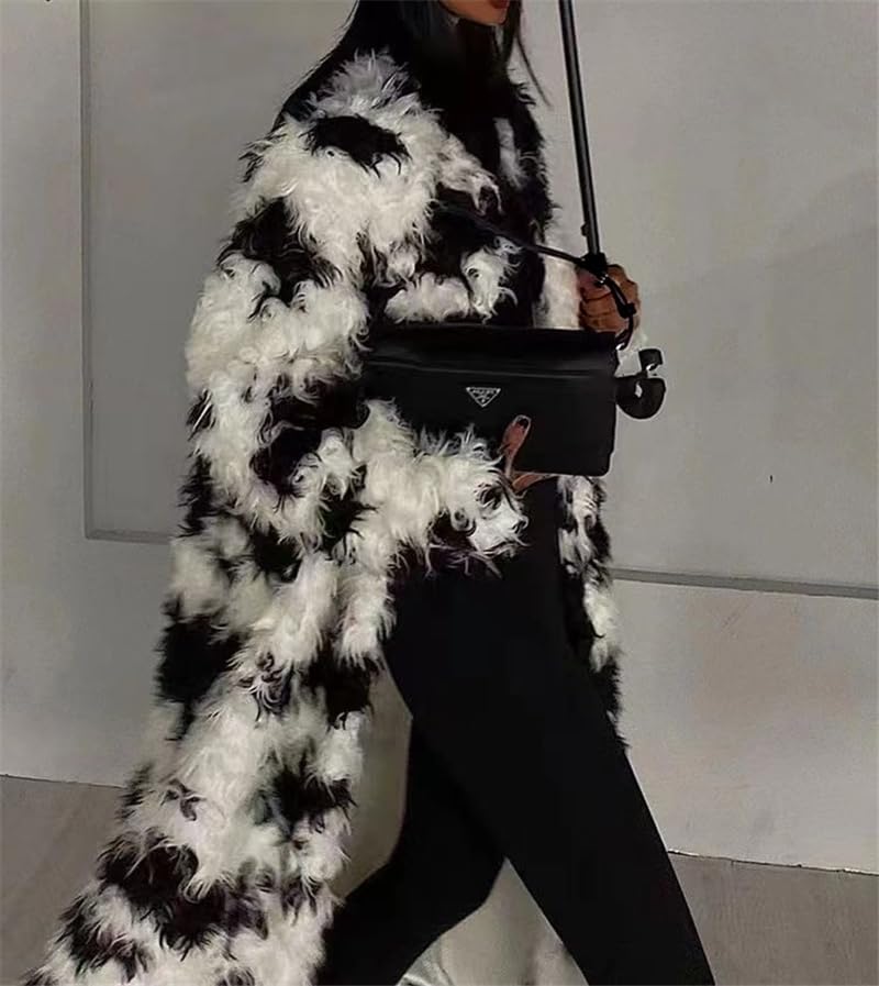 Shaggy Fluffy Faux Fur Coat black white Color Sweater, Long Sleeve long Jacket, Women's Fashion Puffy Overcoat Outwear3