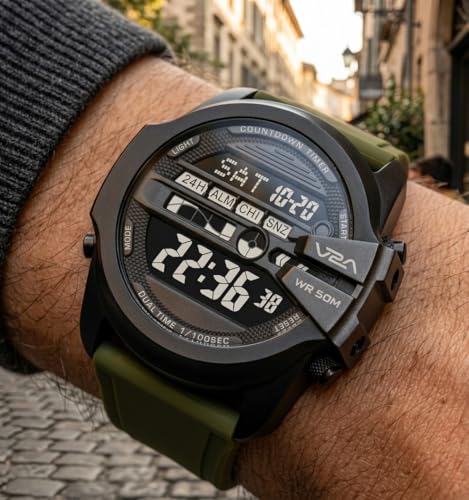 Image of V2A DIGITRON-TERRAX 2942 Digital Watch for Men | Industrial Shield Design with Oversized Digital Display | Urban Sports Everyday Watch with Countdown Timer, Alarm & 50M Water Resistance