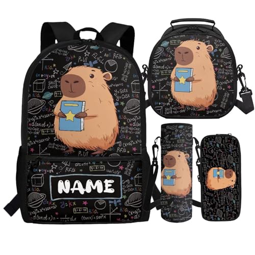 Capybara Backpacks for Girls 10-12 Large Capacity Custom Backpack for Girls Set of 4 Pcs Personalized Backpack Breathable Elementary Kids School Bag with Lunch Box